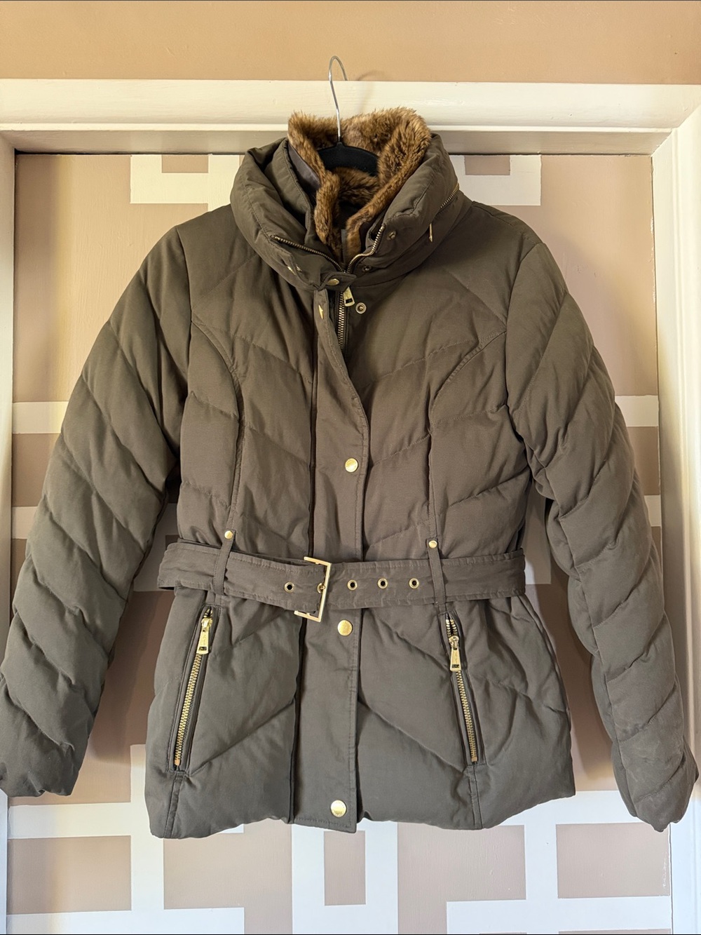 Cole Haan Olive Quilted Belted Down Puffer with Faux Fur Collar